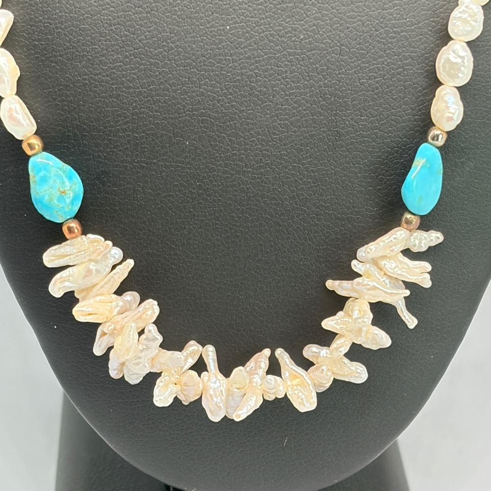 Necklace Baroque Freshwater Pearl Turquoise Boho‎ Beach Artisan Statement 18"